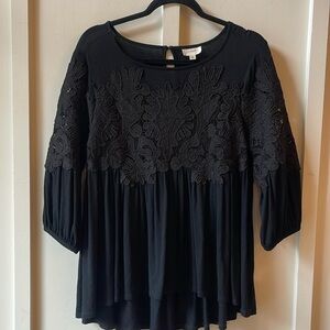 Anthropologie Deletta Black Appliqué Lace Top